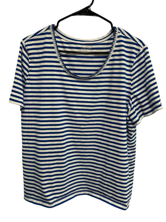 Coral Bay Tops - Coral Bay XL Blue White Striped Embellished Scoop Neck Tee Boho Chic Soft Girl